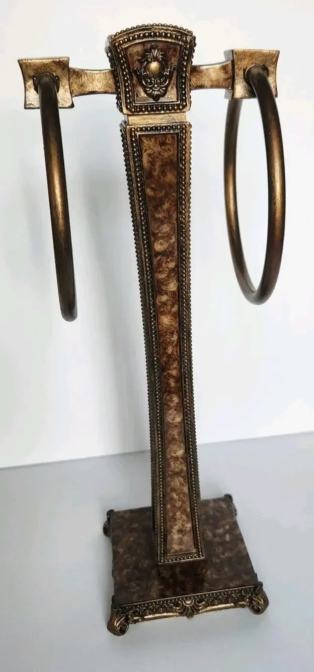 Hollywood Regency Bronze Resin Ornate Pedestal Double Ring Towel Stand 13